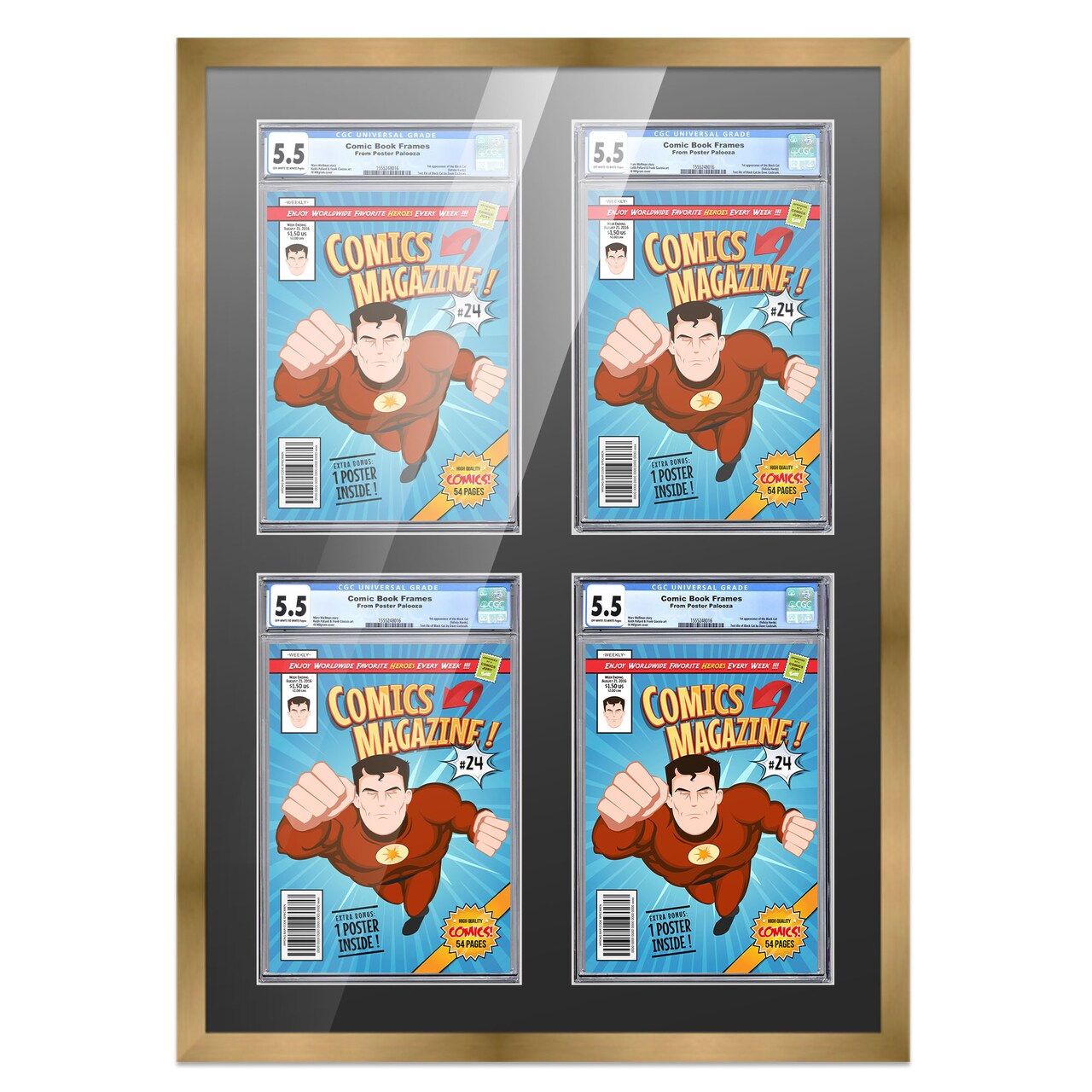 Comic Book Frame with Mat for 4 Graded Comics - Bronze Wood Comic Frame With Black Mat for 8.125x13 Comics - 20.75x30.5 Frame Size